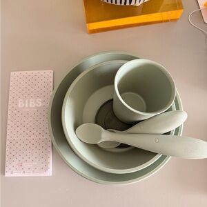 BIBS Sage Green Silicone Baby Bowl, Plate, Cup & Utensil Set - Denmark